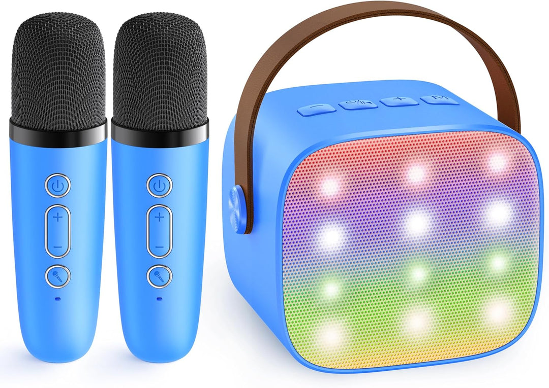 Vielseitige tragbare Karaoke-Anlage mit LED-Licht und 2 Mikrofonen für stundenlangen Sing-Spaß.