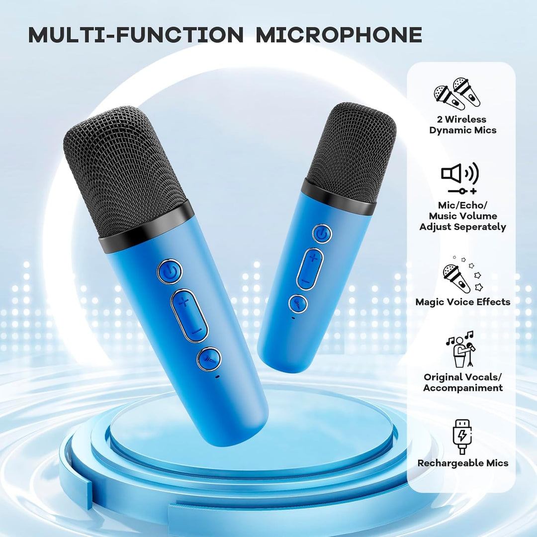 Karaoke-Player mit Bluetooth, 2 kabellosen Mics, Stimmverzerrer – perfekt für Musik & Unterhaltung.