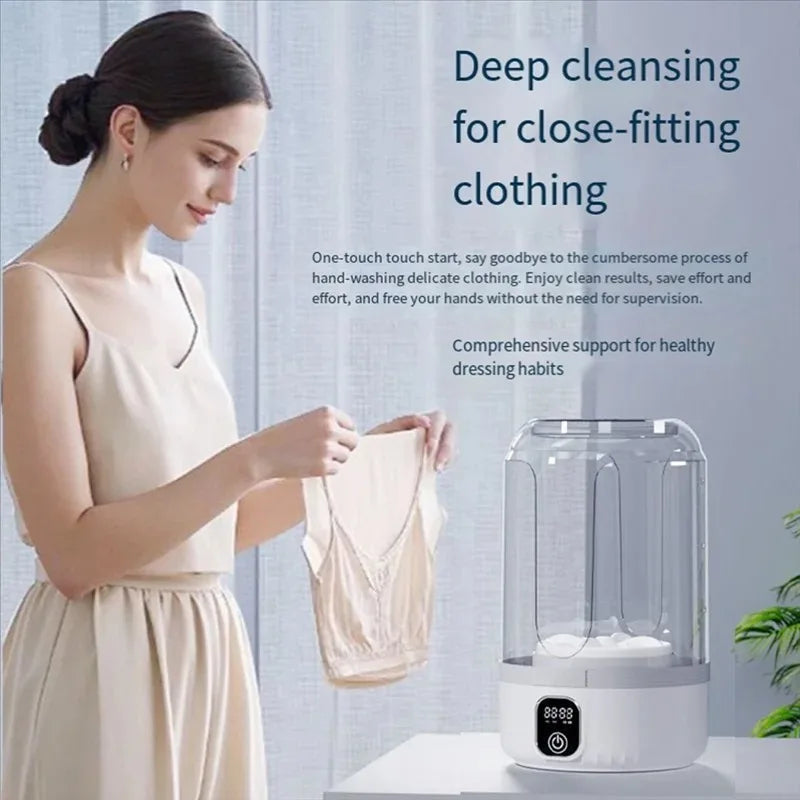 Kompakte Mini-Waschmaschine, USB-aufladbar, perfekt für Unterwäsche, Babysachen und Socken. Für Hygiene unterwegs.