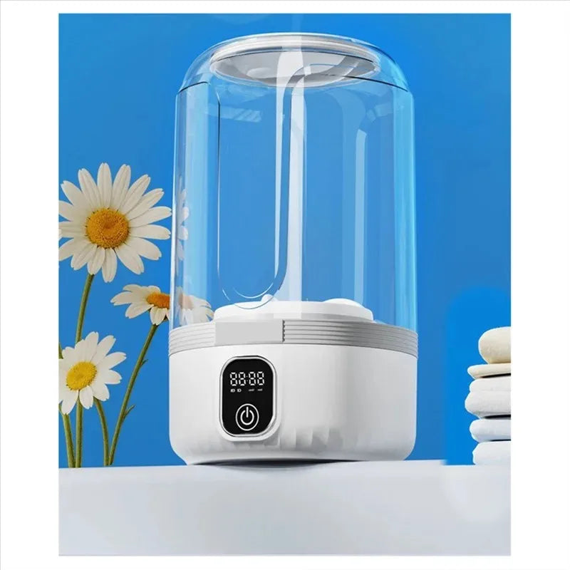 Moderne tragbare Waschmaschine in Weiß mit blauem LED-Display. Kompakt, leicht & ideal für Haushalt und Reise.