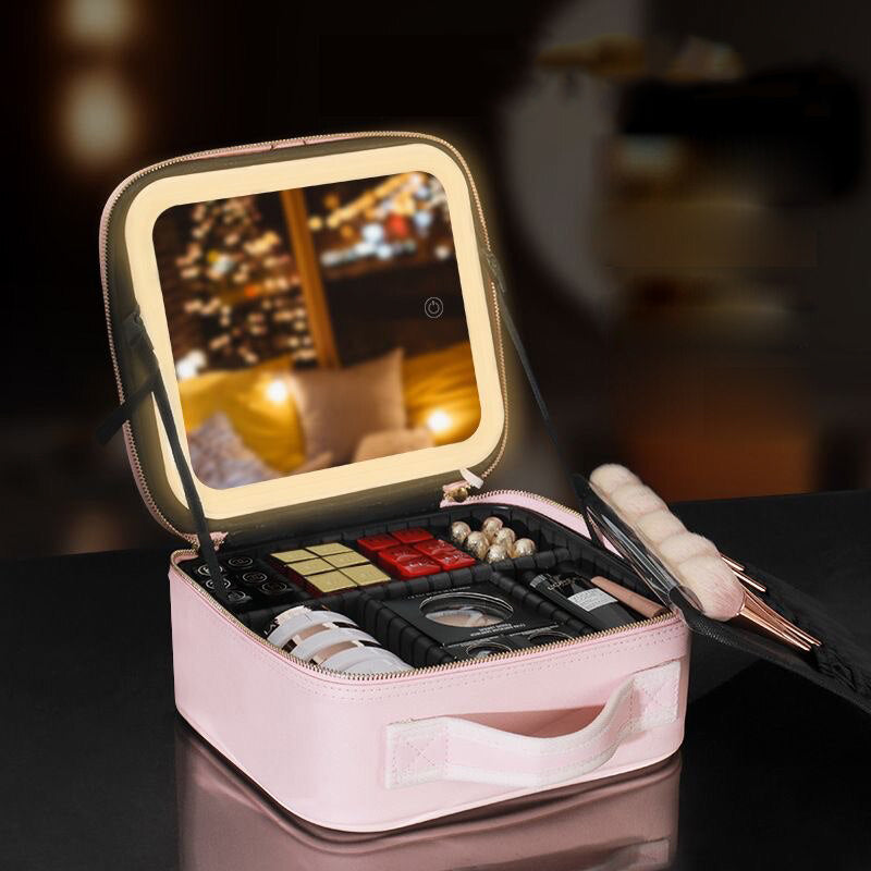 Hochwertige Kosmetiktasche mit LED-Spiegel für Damen, sichere Aufbewahrung und einfacher Zugriff auf Beauty-Produkte.