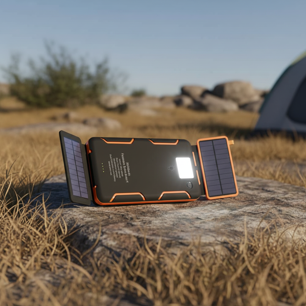 Tragbare Solarpowerbank SunChargeo mit Taschenlampe, ideal für Outdoor, Camping & Notfälle, lädt Handys.