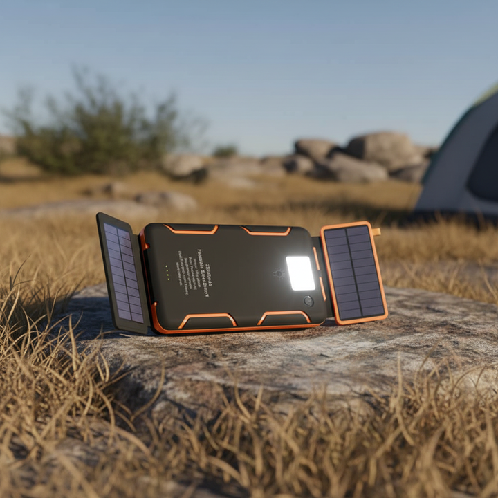 Tragbare Solarpowerbank SunChargeo mit Taschenlampe, ideal für Outdoor, Camping & Notfälle, lädt Handys.