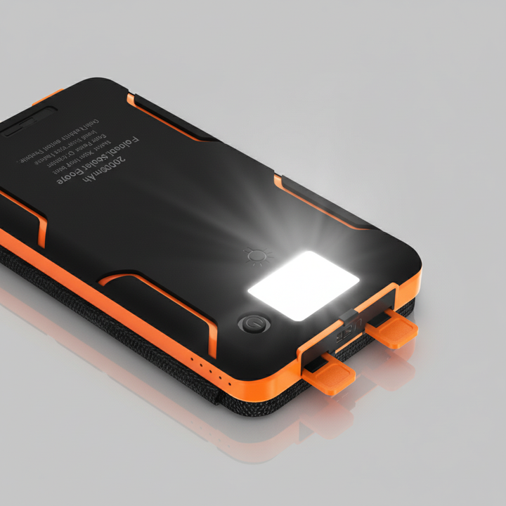 Robuste Kunststoff Solarpowerbank SunChargeo, lädt Handy per Solar, für Camping, Reisen & Notfallvorsorge.