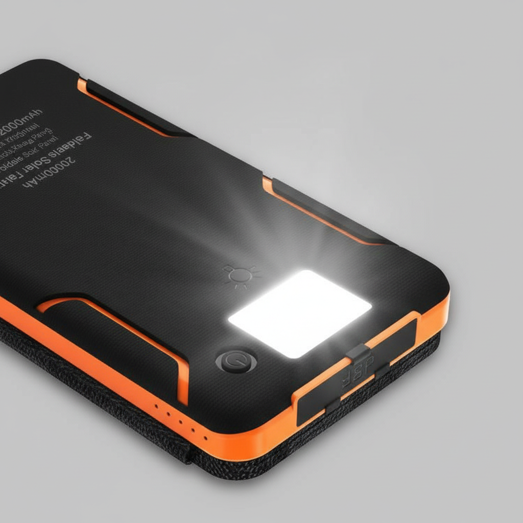 Kompakte Solarpowerbank SunChargeo mit LED-Taschenlampe, perfekt für Outdoor-Abenteuer, Camping und Wandern.