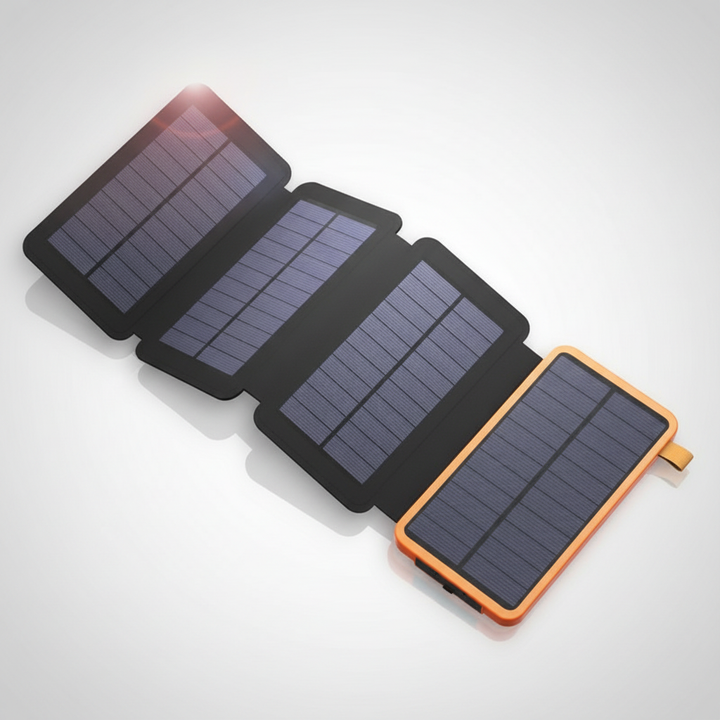 Zuverlässige Notfall Solarpowerbank SunChargeo mit integrierter Taschenlampe für sichere Energie unterwegs.