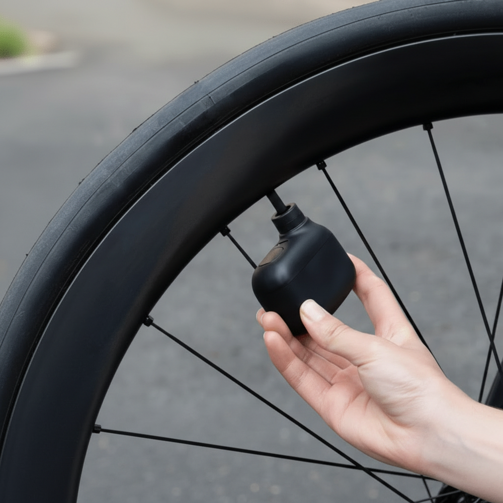 Kompakte 100 PSI Reifenpumpe mit USB-C Anschluss, ideal als Fahrrad Zubehör für jede Tour.