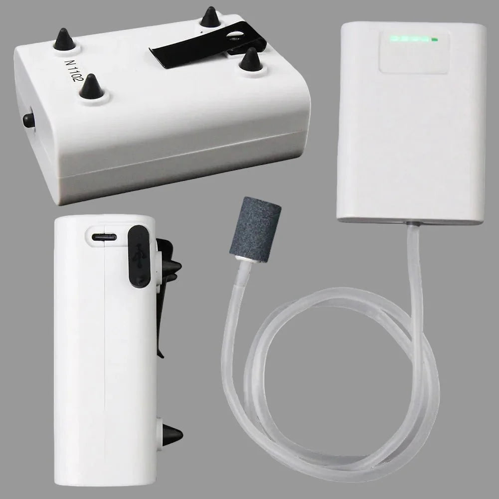 Kompakte USB-Luftpumpe für unterwegs, ideal für Fischbehälter und als Angelzubehör.
