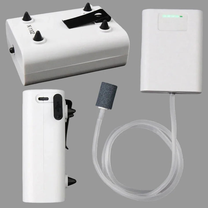 Kompakte USB-Luftpumpe für unterwegs, ideal für Fischbehälter und als Angelzubehör.