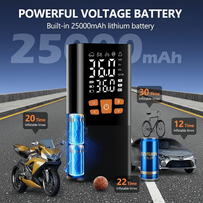 Kabelloser Luftkompressor, 180 PSI, mit Digitalanzeige, LED-Licht & 25000mAh Akku für Reifenfüllung unterwegs.