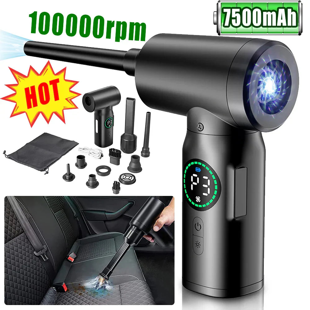 Tragbarer 2-in-1 Druckluft-Reiniger & Staubsauger mit LED-Licht für Auto & Haushalt.