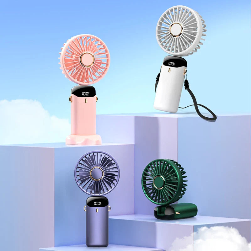 Tragbarer 3-in-1 Mini-Ventilator mit 5 Stufen, LED-Anzeige & Powerbank für Kühlung unterwegs, Büro, Reisen.