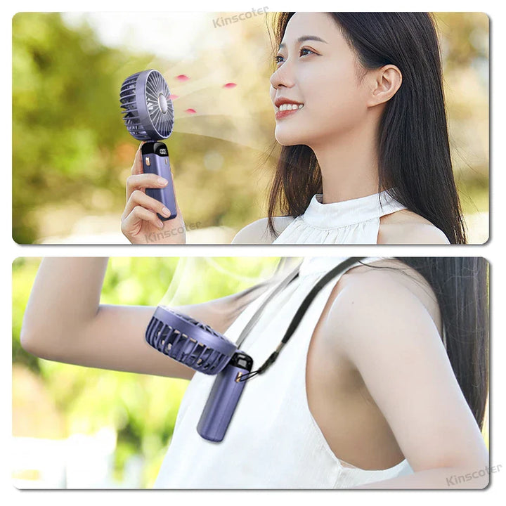 Multifunktionaler Mini-Ventilator mit integrierter Powerbank zum Laden von Geräten. Kühlung für Sommer & Reise.