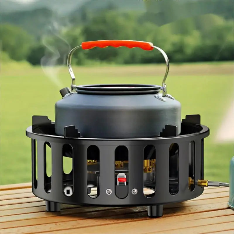 Tragbarer 7-Kern Camping-Gasherd aus Edelstahl mit Elektronikzündung für Outdoor-Kochen.