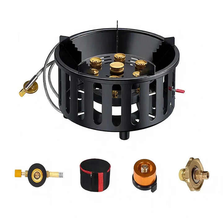 Kompakter 7-Kern Campingkocher mit Elektronikzündung, bereit für Ihre Outdoorküche.