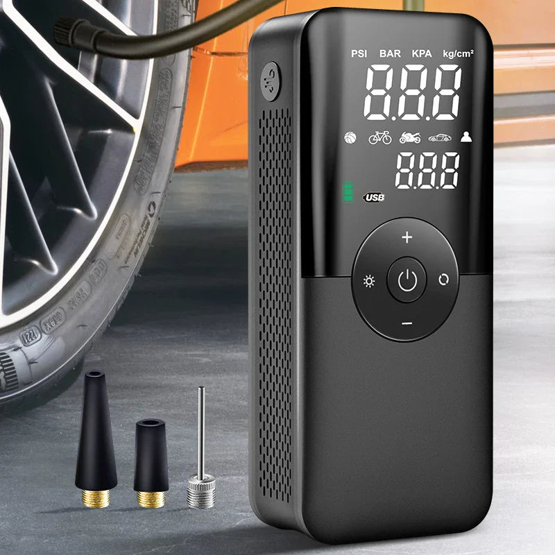 Tragbarer Akku-Luftkompressor mit digitalem Display und Powerbank-Funktion für unterwegs.