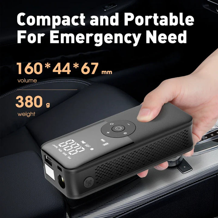 Digitaler Akku-Luftkompressor mit präziser Druckeinstellung und integrierter Powerbank für mobile Geräte.