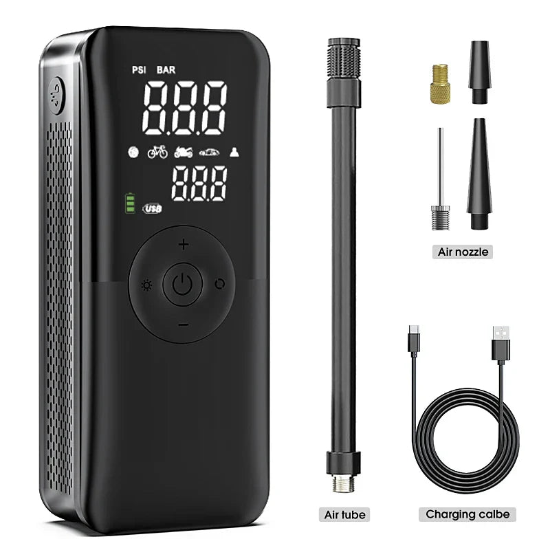 Akku-Reifenpumpe mit Powerbank-Funktion, lädt Smartphone und pumpt Reifen effizient, für Auto & Fahrrad.