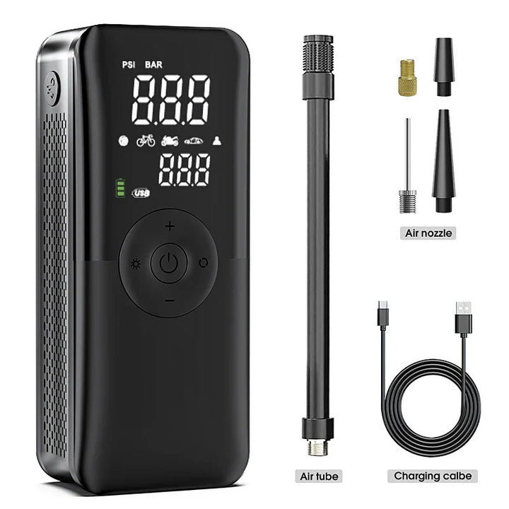 Akku-Reifenpumpe mit Powerbank-Funktion, lädt Smartphone und pumpt Reifen effizient, für Auto & Fahrrad.