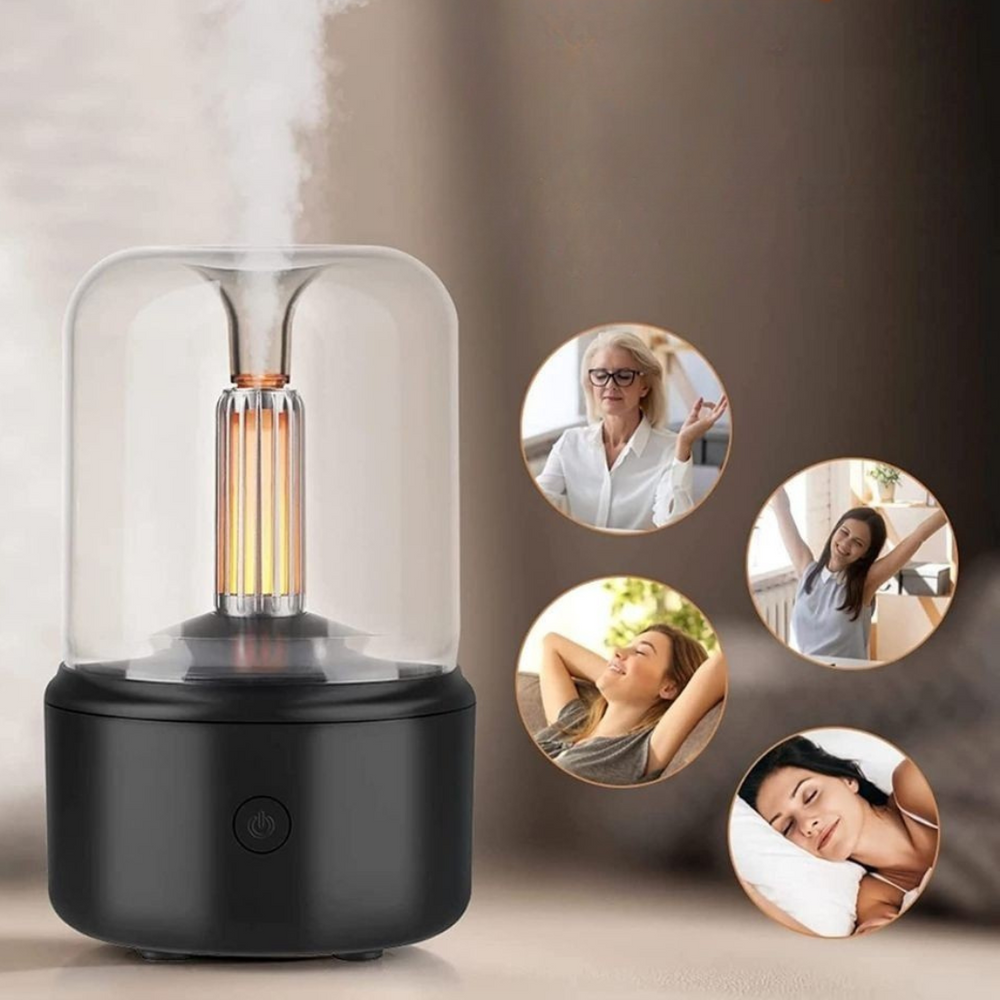 Tragbarer Aroma Diffusor mit Flammeneffekt, ideal für Büro oder Home-Office, schafft entspannte Arbeitsatmosphäre.