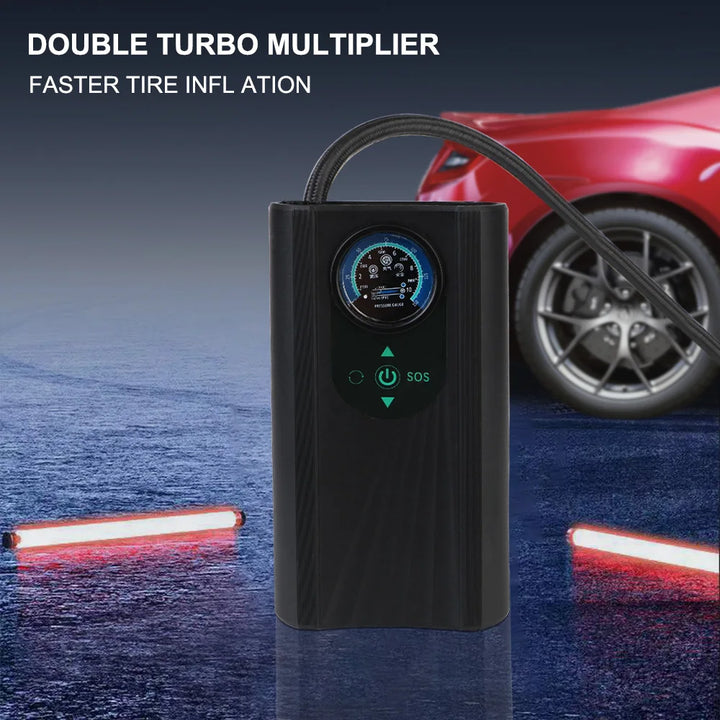 Person pumpt einen Autoreifen mit dem tragbaren AutoAirX Pro 12V Kompressor. Schnelle, einfache Reifeninflation.