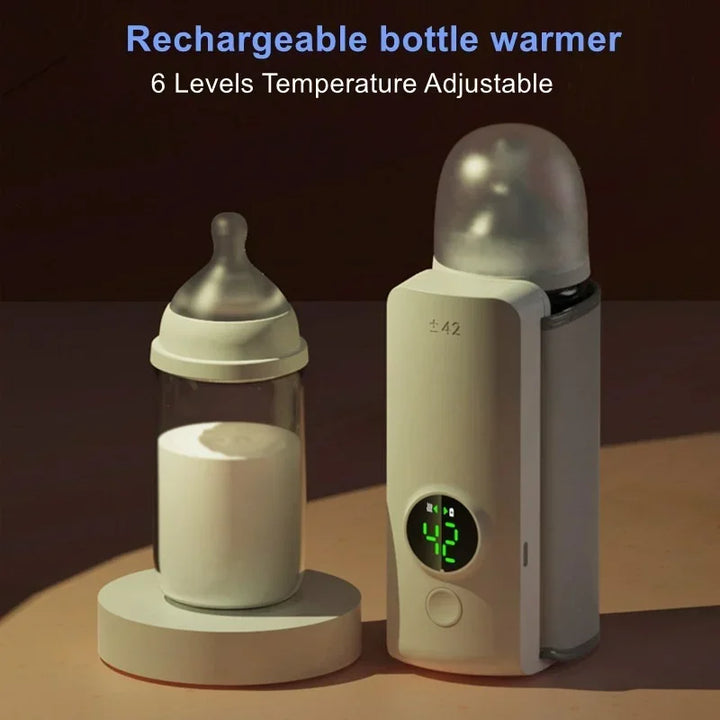 Elternteil wärmt unterwegs Babyflasche mit dem tragbaren WarmEase Flaschenwärmer; perfekte Babynahrungstemperatur.