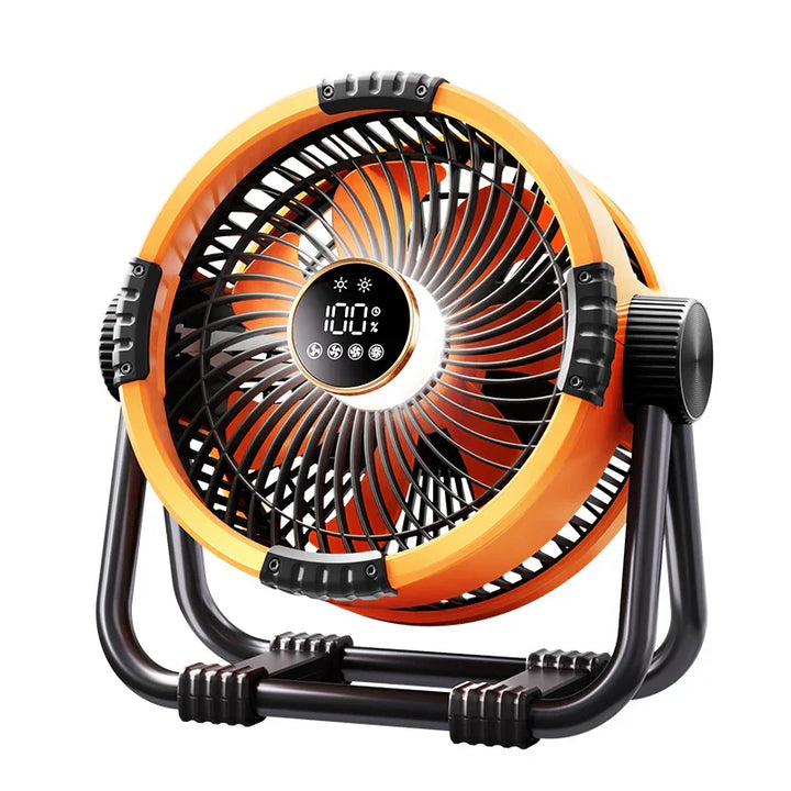 Tragbarer Campingventilator (Orange/Grau) mit 20000mAh Akku, LED-Licht & Fernbedienung fürs Zelt.