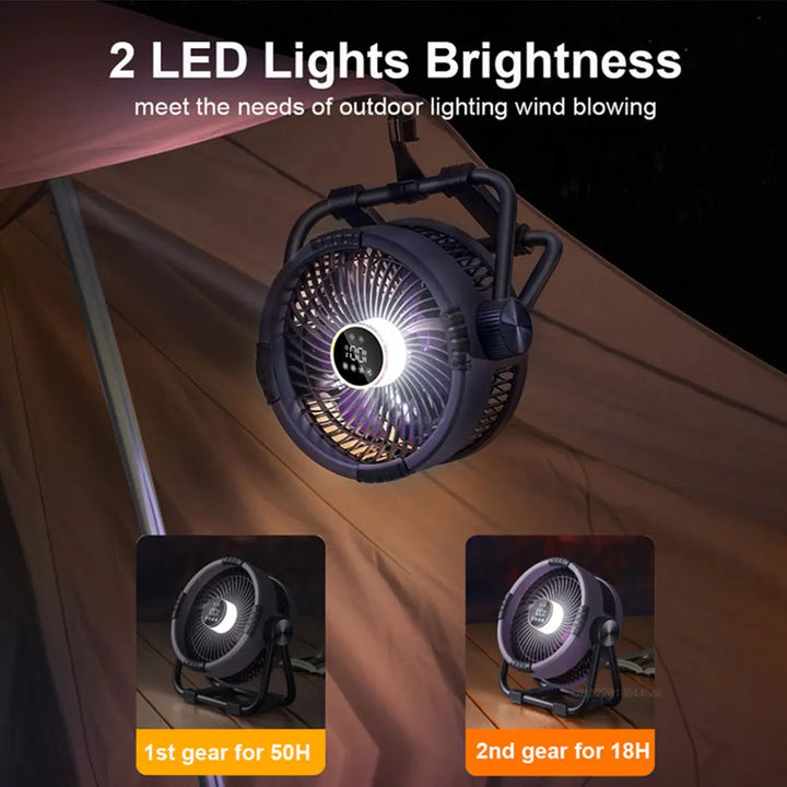 Oranger/grauer Outdoor-Ventilator mit 20000mAh Akku, integriertem LED-Licht & Fernbedienung.