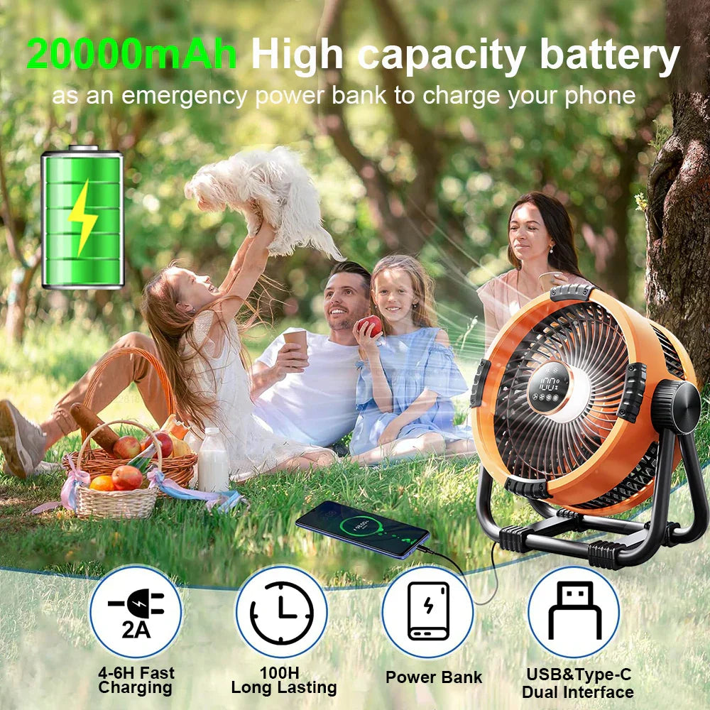 Leistungsstarker Akku-Ventilator (Orange/Grau) mit 20000mAh Powerbank, LED-Licht & Fernbedienung.