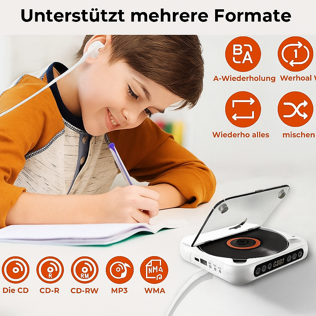Kompakter Retro CD-Player mit Bluetooth-Funktion, ideal für MP3-Musikwiedergabe auf Reisen.