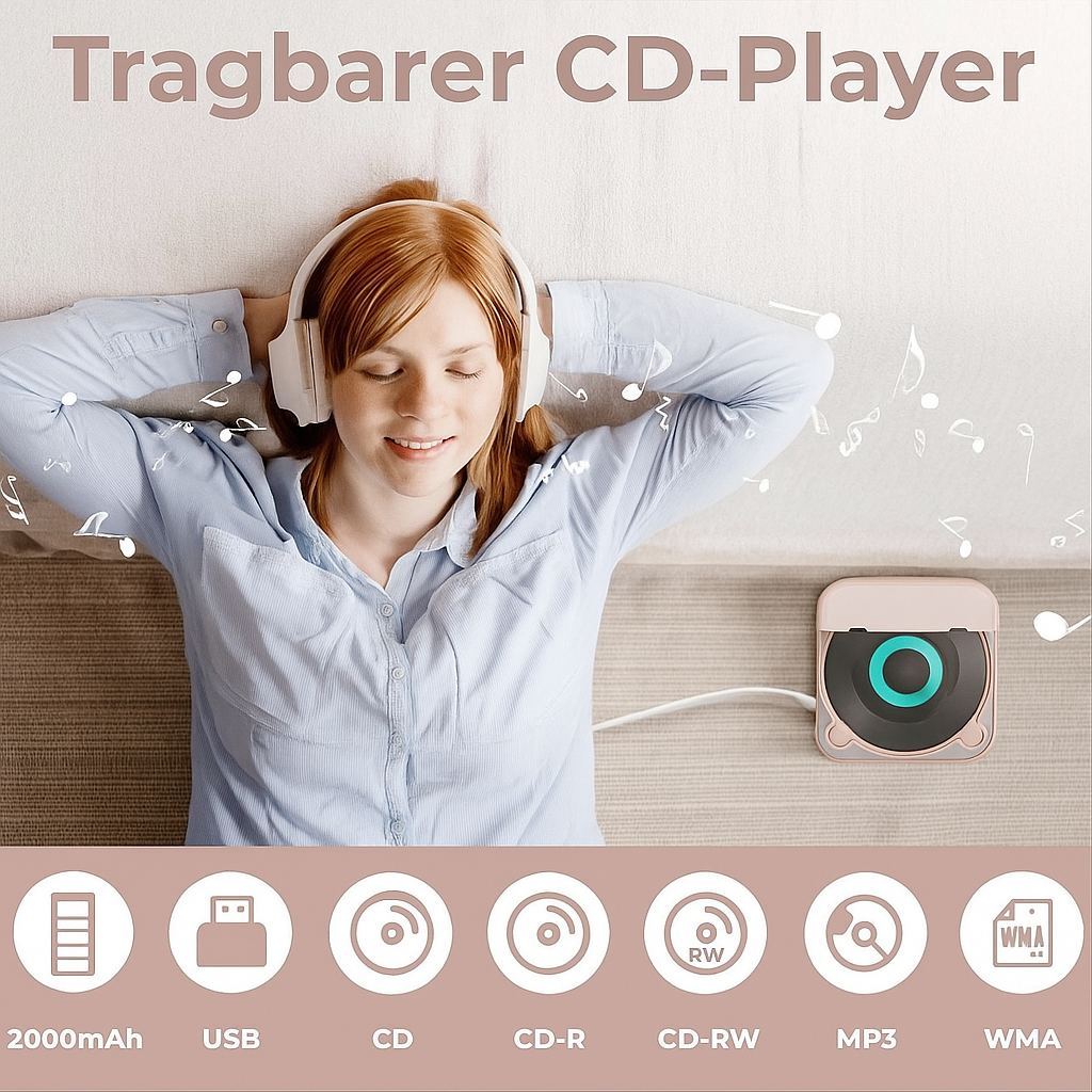 Portabler CD-Player im eleganten Design mit Bluetooth 5.0 für hochwertige Audio-Wiedergabe.