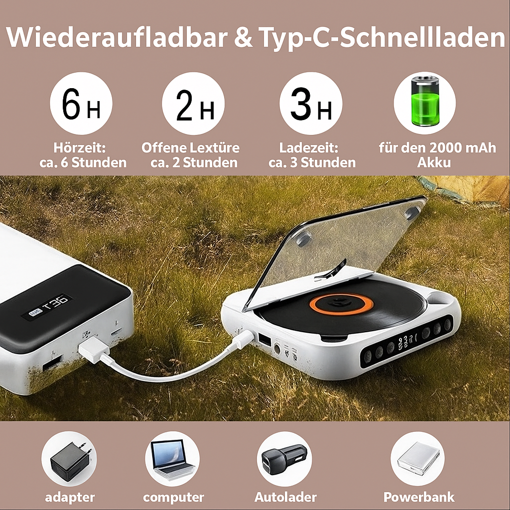Ansicht des portablen CD-Players mit beleuchtetem Display & intuitiven Bedienelementen für Musik.