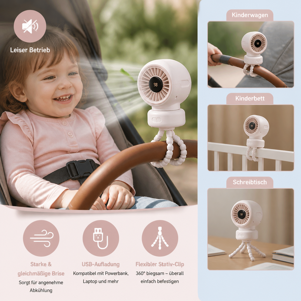Flexibler Clip-Ventilator, ideal für Kinderwagen & Zuhause. Bietet angenehme Kühlung für Baby und Büro im Sommer.