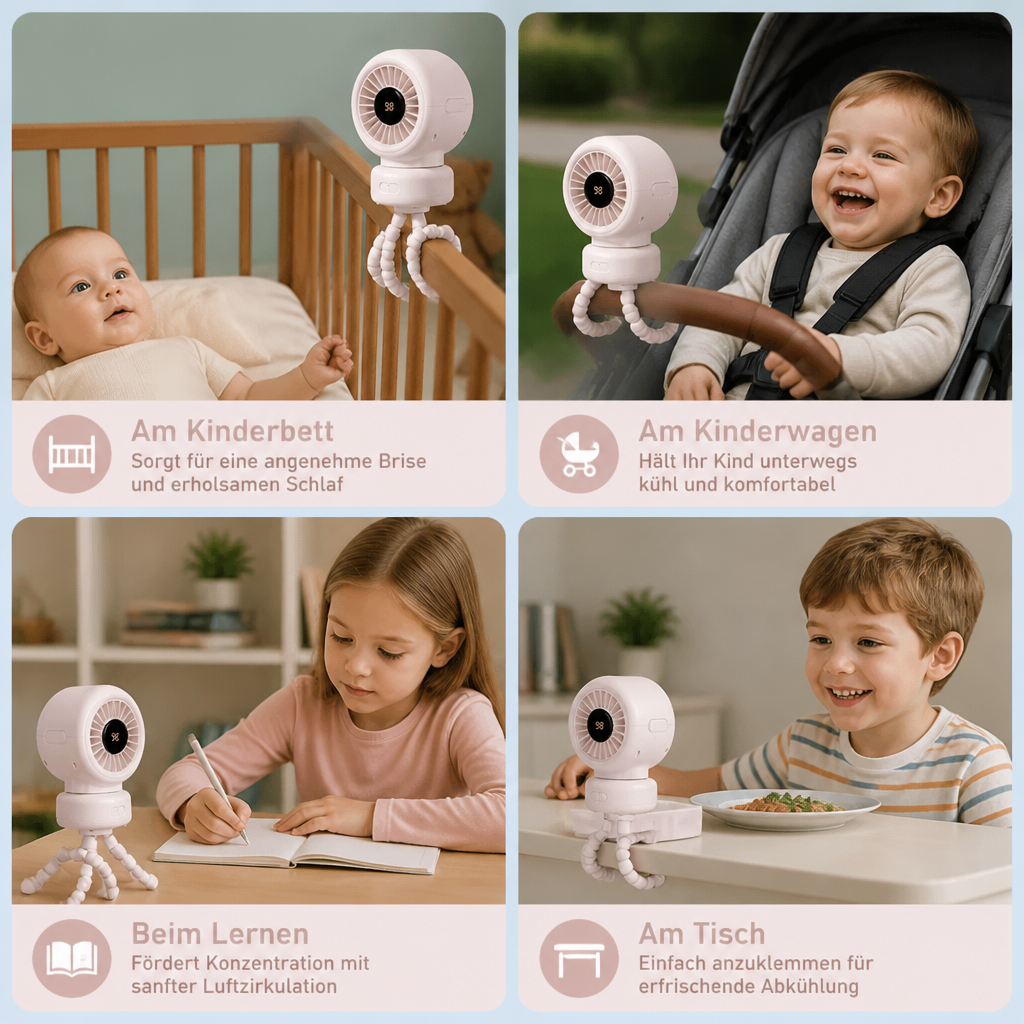 Tragbarer Akku-Ventilator mit Clip für Kinderwagen & Schreibtisch. Leise, frische Brise für Baby und Büro im Sommer.