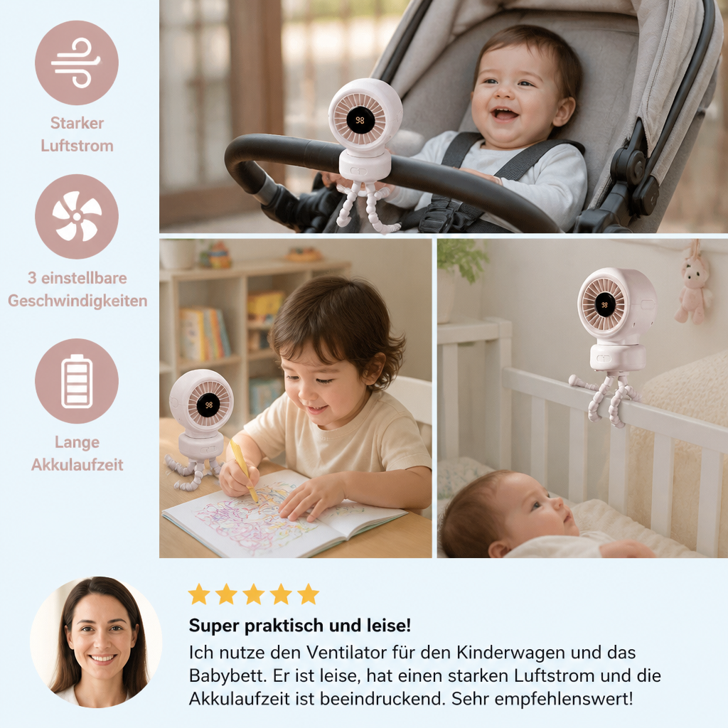 Handlicher Reise-Ventilator mit Clip-Funktion, perfekt für Kinderwagen, Bett & Schreibtisch. Mobile Kühlung für Baby.