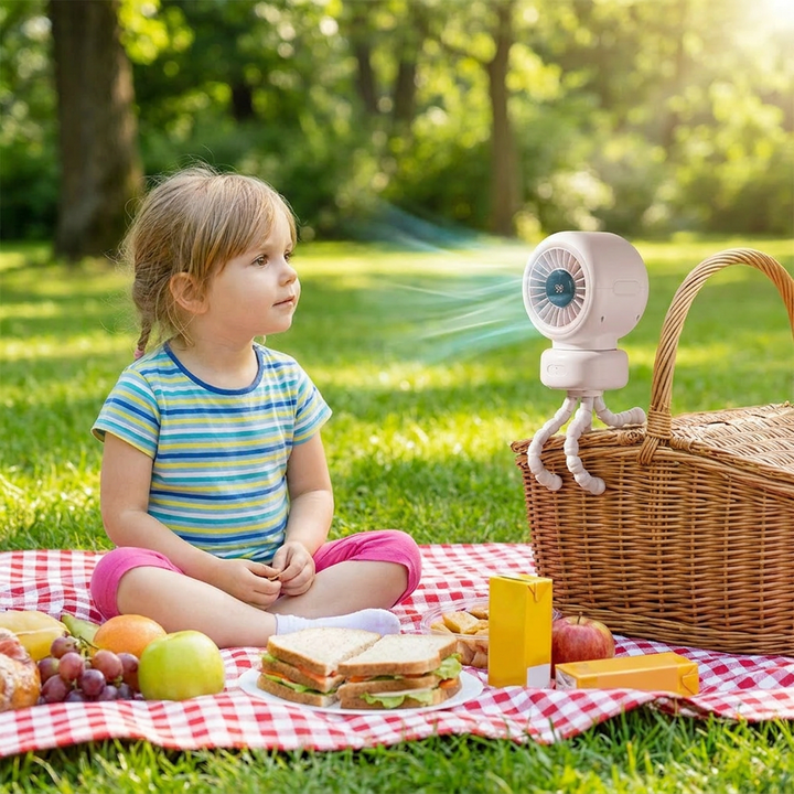 Akku-Clip-Ventilator, flexibel einsetzbar am Kinderwagen oder Schreibtisch. Sorgt für angenehme Kühlung im Sommer.