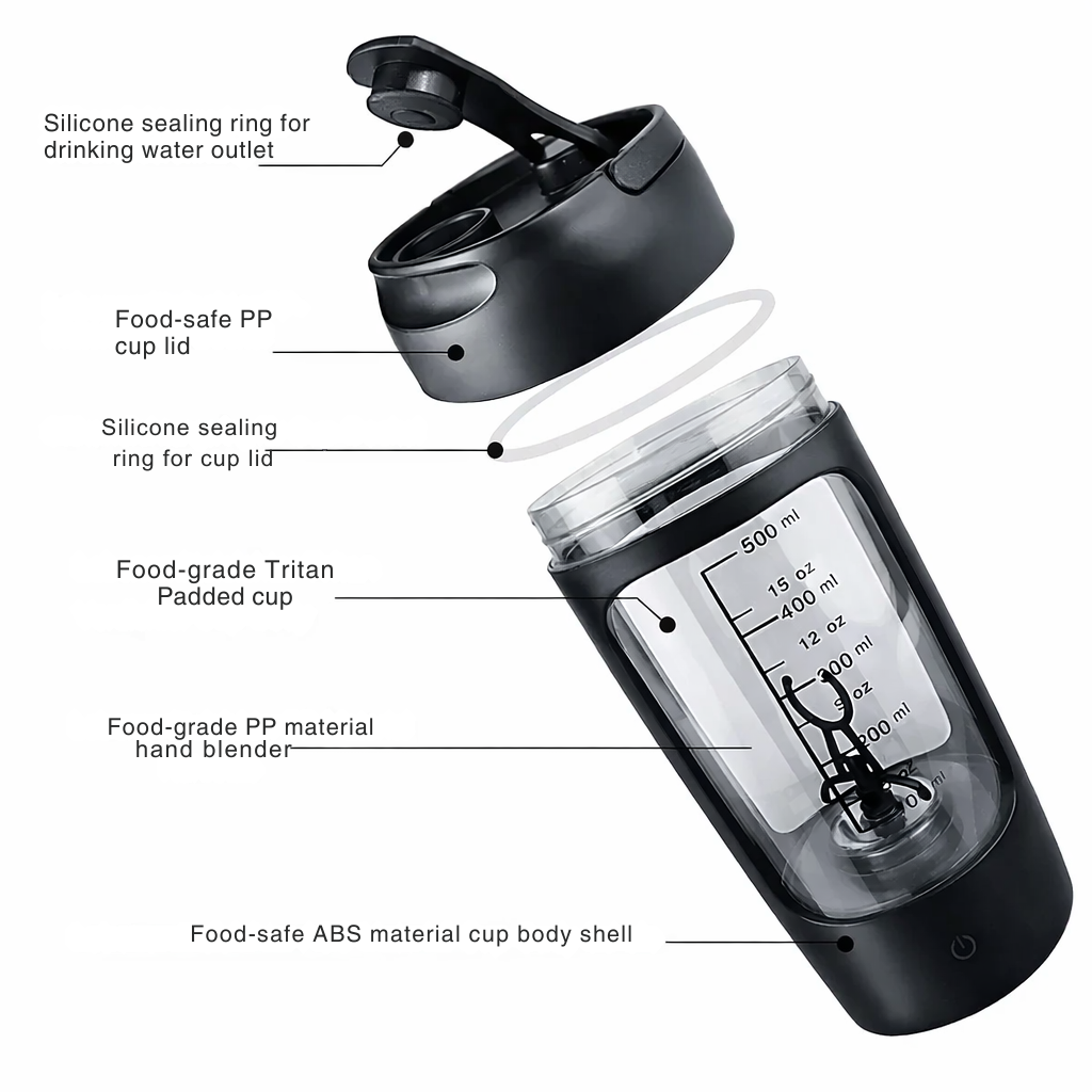 Wiederaufladbarer Proteinshaker to go, kompakt und griffbereit für Fitness und unterwegs. Dein tragbarer Mixer.