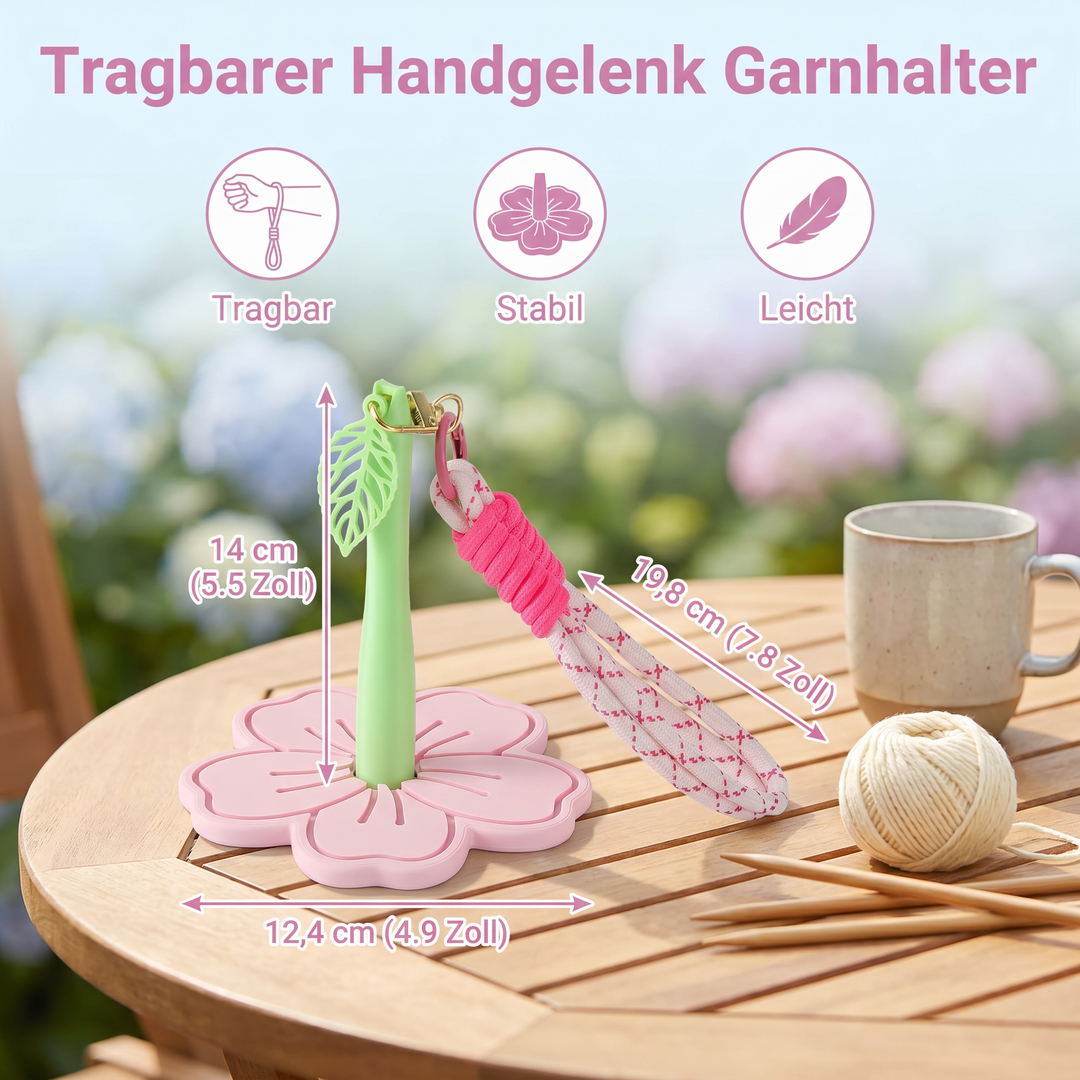 Ergonomischer Handgelenk Garnhalter, perfekt zum Stricken & Häkeln. Hält Wolle stabil & griffbereit.