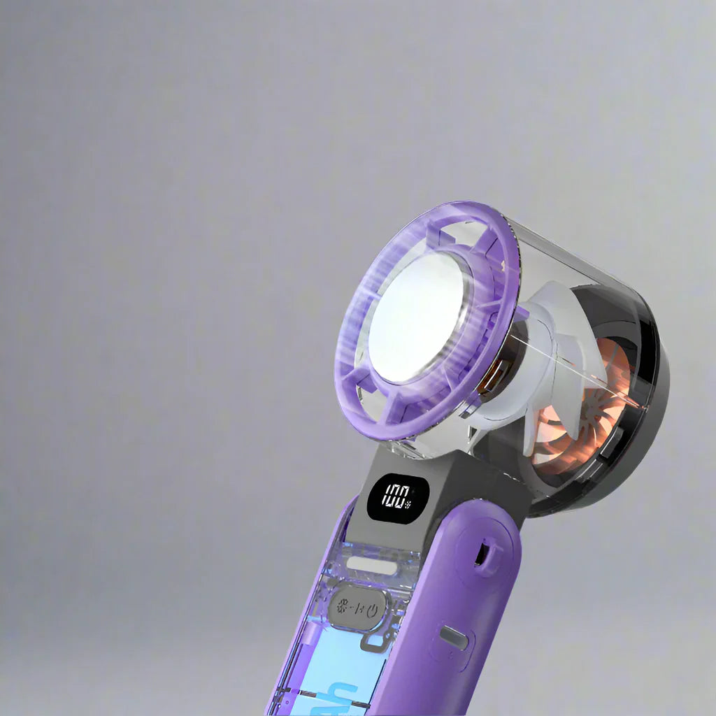 Tragbarer Handventilator mit Ice-Cool-Funktion, 100 Stufen & 3600mAh Akku für maximale Kühlung unterwegs.