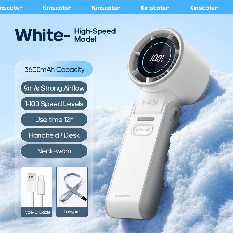 Detailansicht des Ice-Cool-Handventilators mit Digitalanzeige, 100 Stufen & 3600mAh Akku für frische Luft.