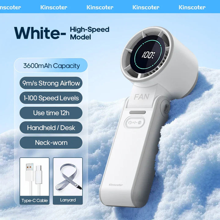 Detailansicht des Ice-Cool-Handventilators mit Digitalanzeige, 100 Stufen & 3600mAh Akku für frische Luft.