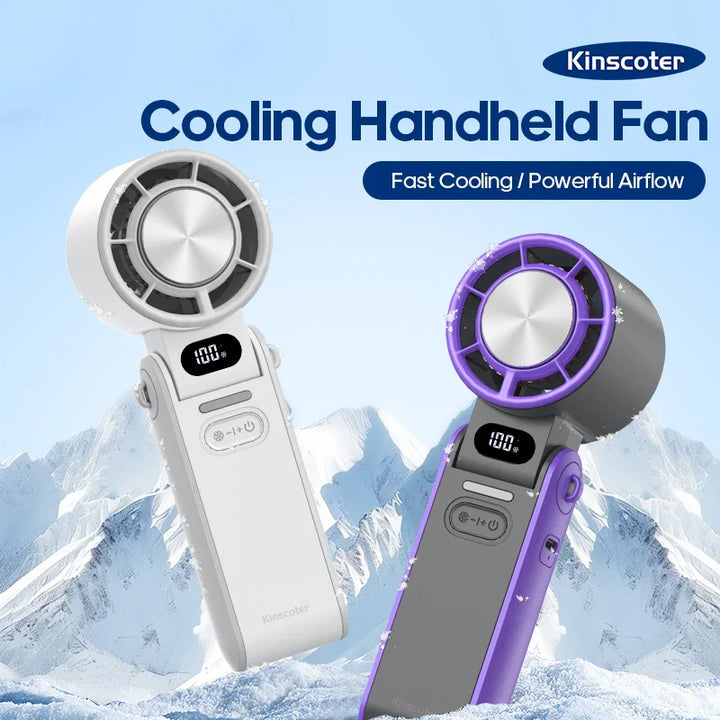 Kompakter, faltbarer Handventilator mit Ice-Cool & starkem Akku, ideal für Reisen, Büro & heiße Sommertage.