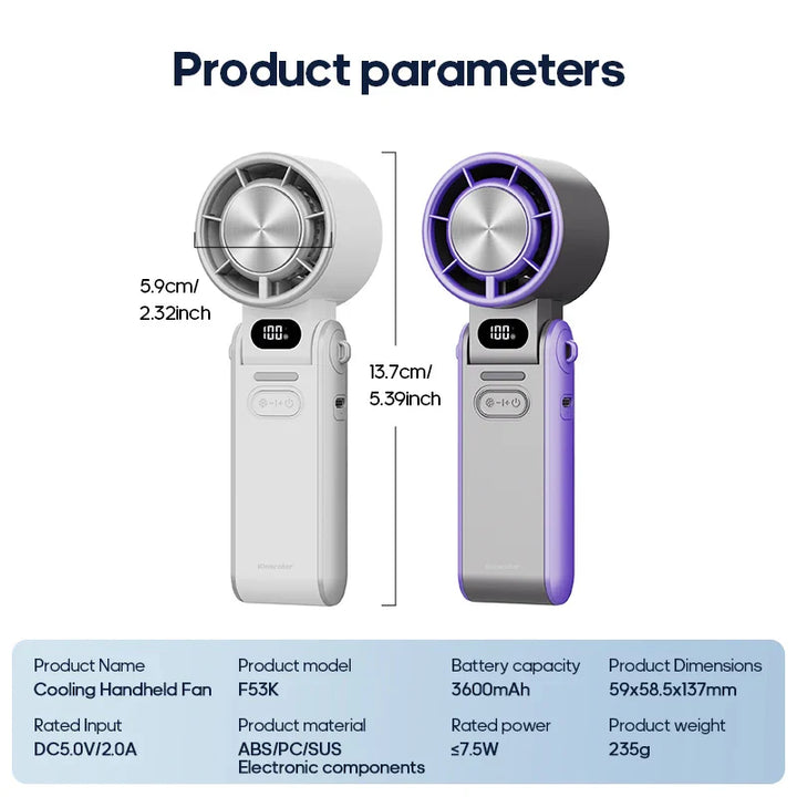 Ergonomischer, tragbarer Handventilator in elegantem Design mit Ice-Cool & 100 Stufen, praktisch für jede Tasche.