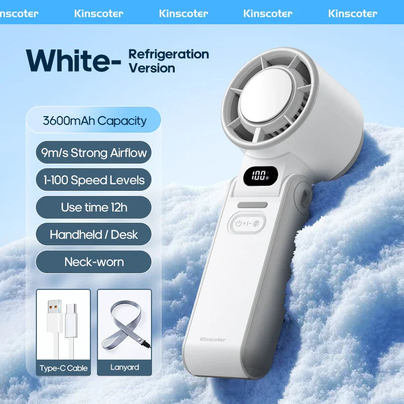 Moderner Akku-Handventilator mit Ice-Cool-Technologie, 100 Windstärken & starkem Akku für persönliche Kühlung.