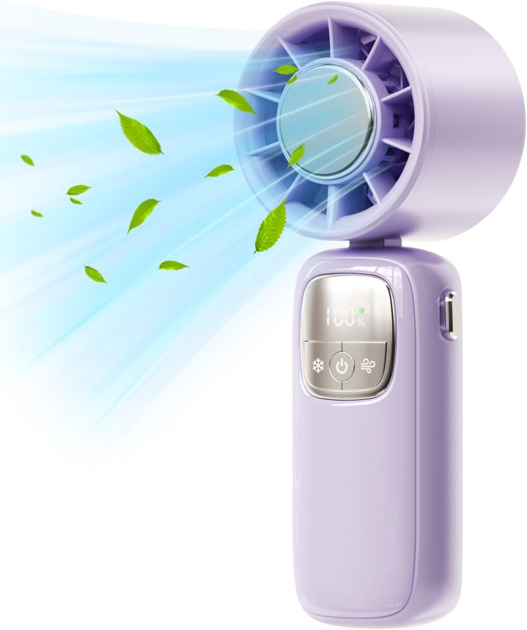 Kompakter Bürobegleiter: Handventilator mit LED, 100 Geschwindigkeiten, faltbar und per USB-C ladbar.