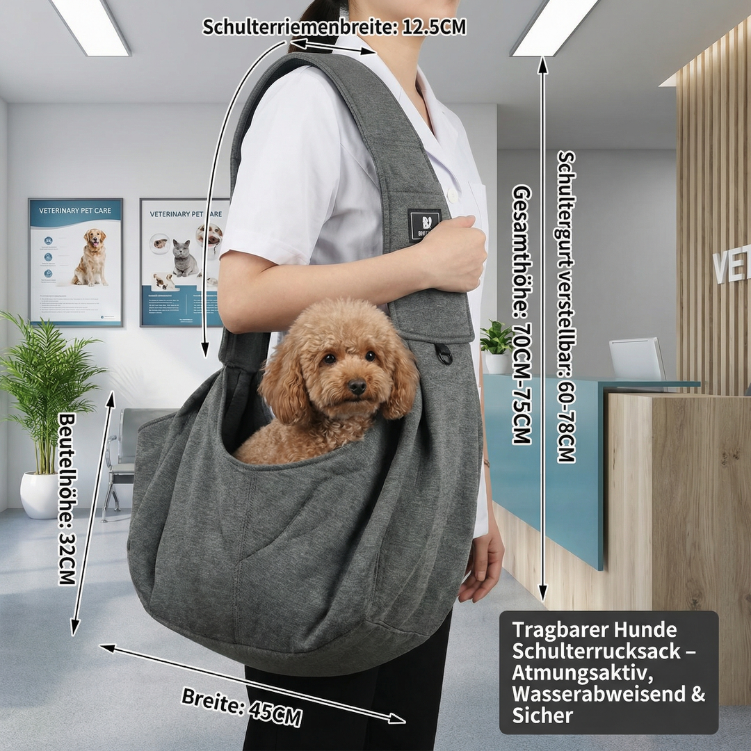 Stylischer Tierrucksack, langlebiges Material, verstellbare Gurte, bietet Sicherheit und Bequemlichkeit für Hunde.