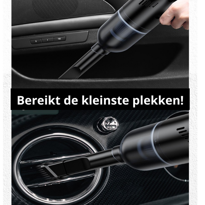 Hand nutzt kabellosen Autostaubsauger zur Reinigung der Fußmatten. Effektive und schnelle Autoreinigung.