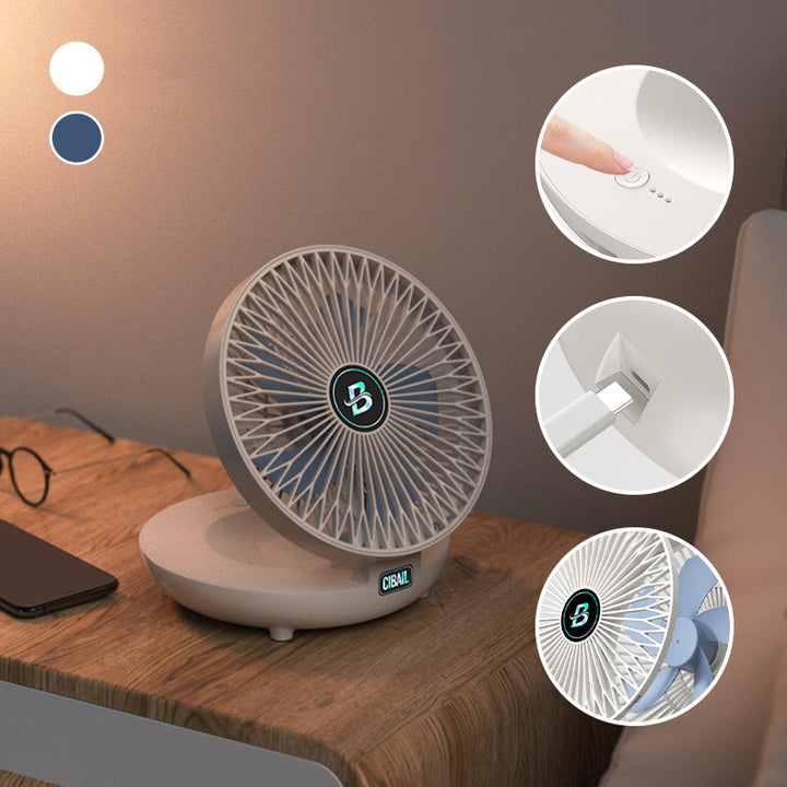 Kompakter Tischventilator, leise und kabellos, ideal für effektive Kühlung am Schreibtisch im Büro.