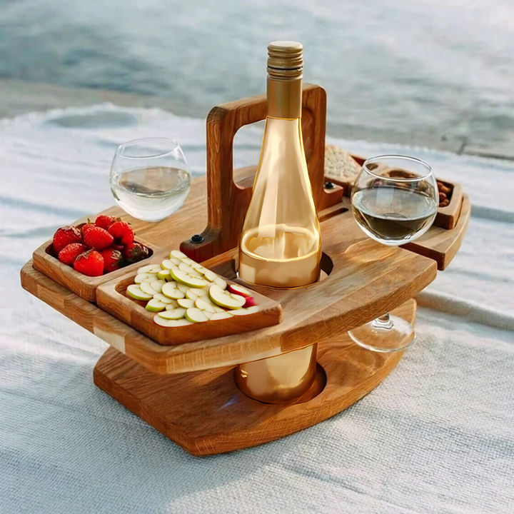 Tragbarer klappbarer Picknicktisch aus Holz für Outdoor-Genuss im Garten oder am Strand.