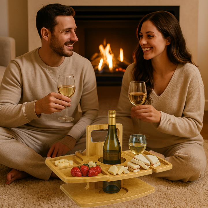Klappbarer Weintisch mit Gläserhaltern für stilvolle Picknicks; ideal für Wein & Snacks im Freien.
